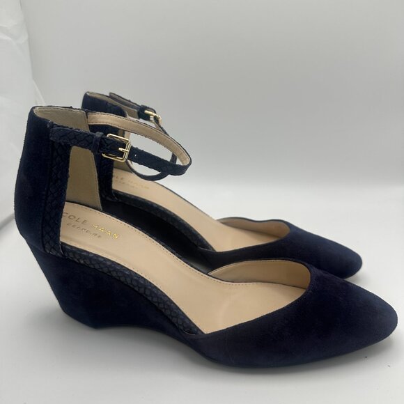 NEW Cole Haan Lara Ankle Strap Pump Womens Size 8.5 Marine Blue Suede Wedge - Picture 1 of 8